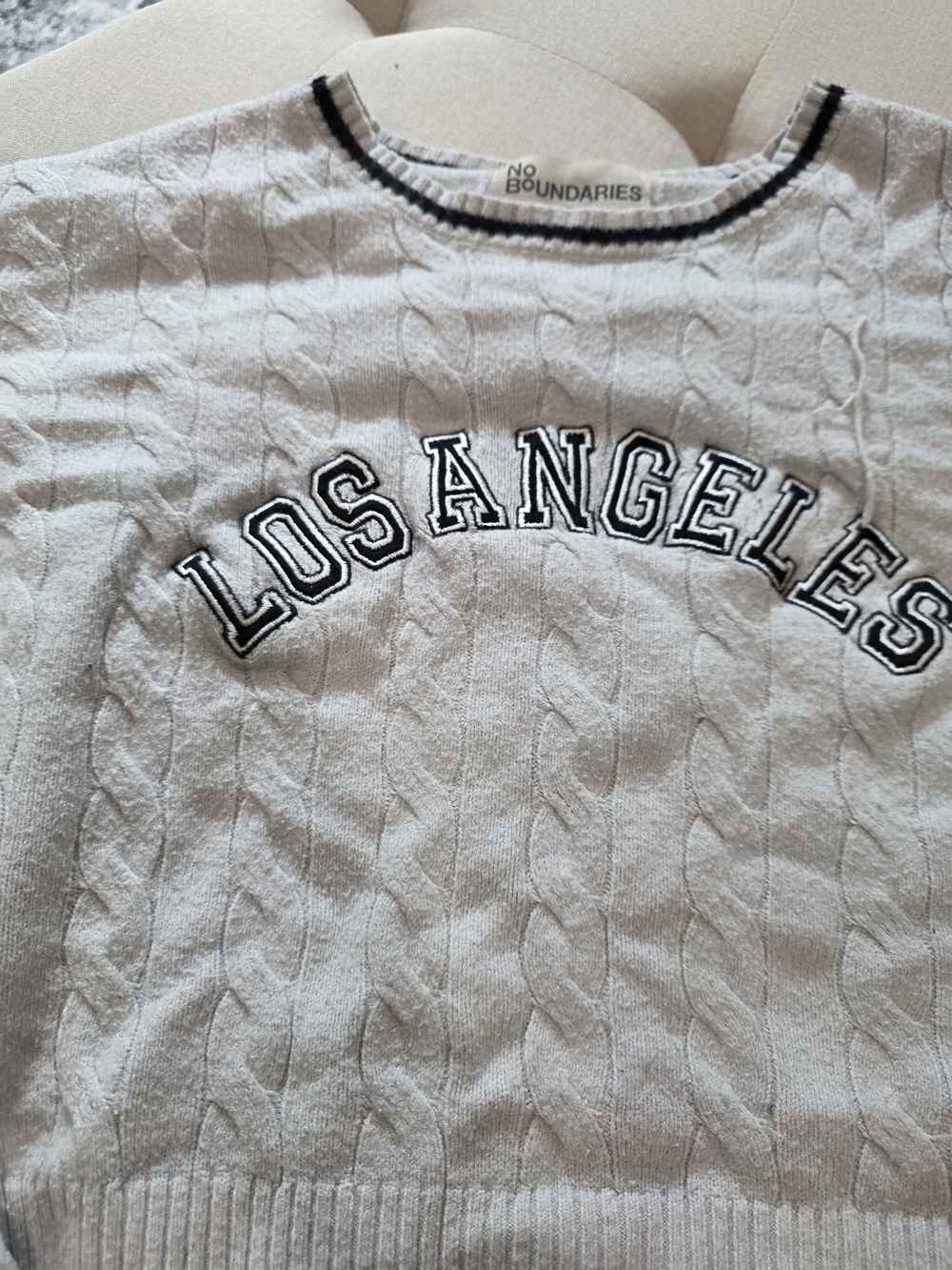 No Boundaries Cream Cable Knit 'Los Angeles' Crewneck Sweater